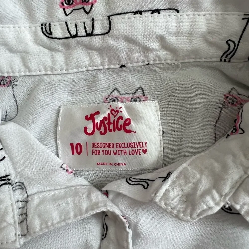 Justice Girl’s White Kitty Cat Long Sleeve Shirt Kid’s Youth Size 10